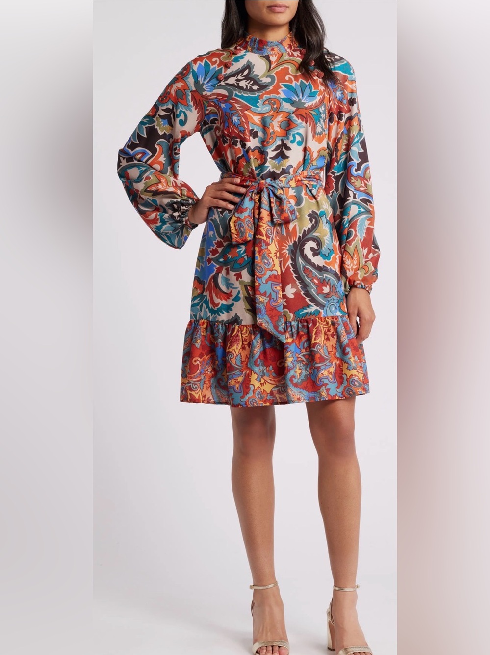 Tahari Multi Floral Paisley Mock Neck Long Sleeve Tie Belt Dress Size 2 / XS New